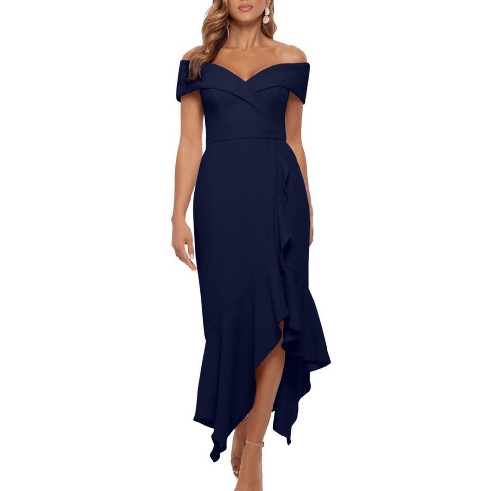 Xscape Navy Off-Shoulder Midi Dress